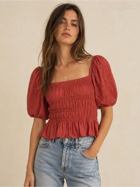 Mexx Eyelet Smocked Peplum Top Puff Sleeve Cottagecore XL